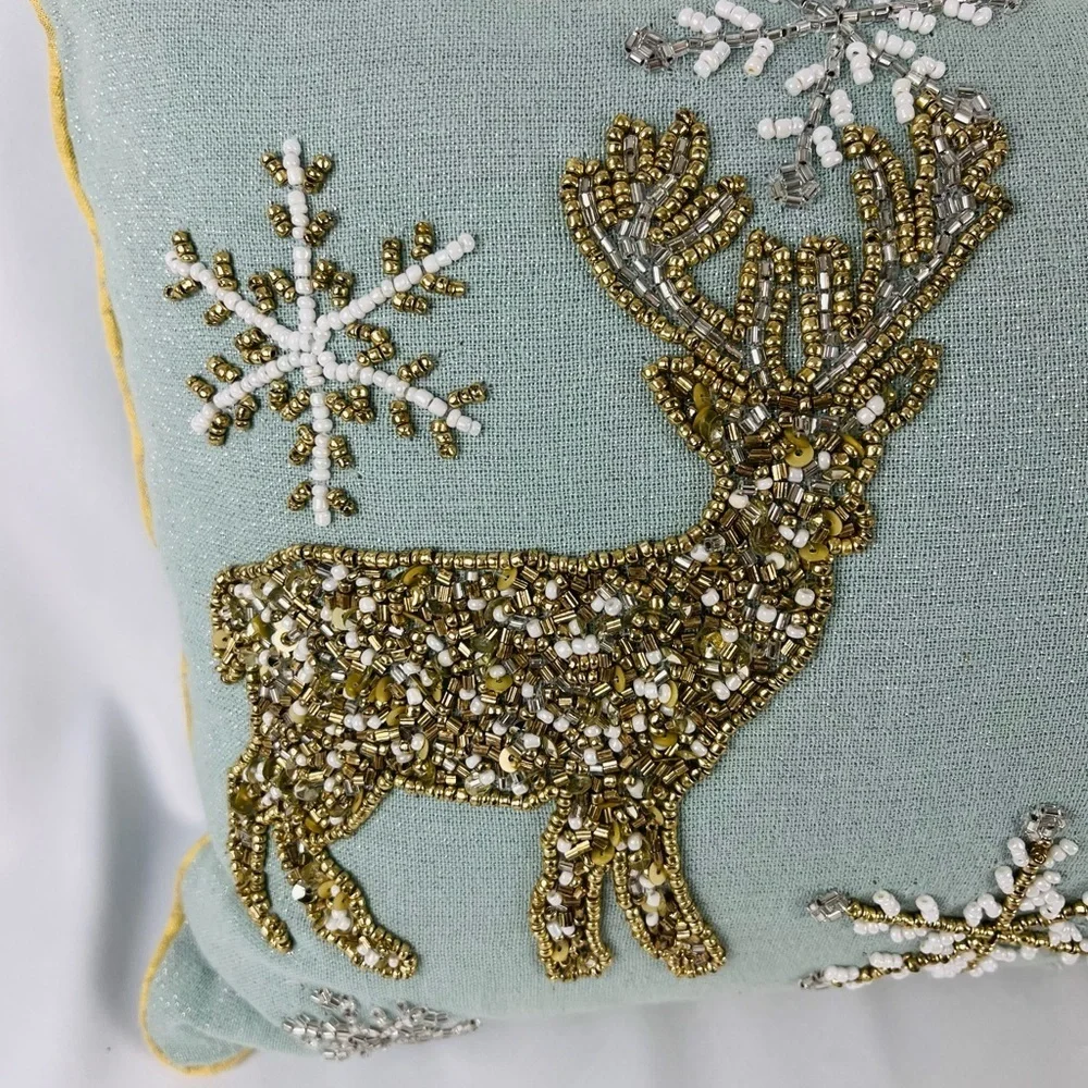 Liberty Beaded Reindeer Snowflake Lumbar Accent Throw Pillow Teal Gold Bronze